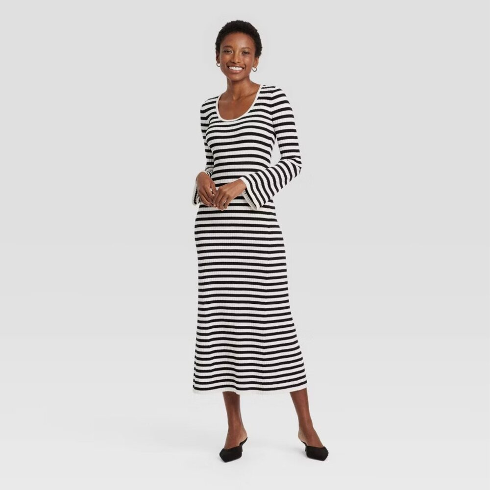 Women's Long Sleeve Maxi Sweater Dress - A New Day Black White Stripes XS